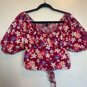 Versona Floral Puff Sleeve Blouse - Red and Pink